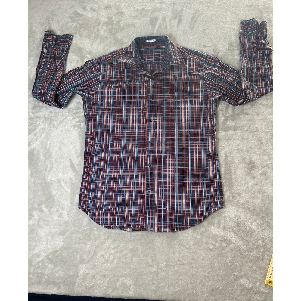 Bugatchi Uomo Mens Purple Plaid Long Sleeve Button Down Shaped Fit Shirt M